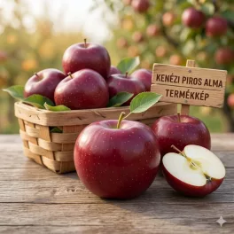 Ragyogó piros héjú, érett Kenézi piros alma a fán és konténeres oltvány gyümölcsfa/Kenézi piros alma (Malus domestica 'Kenézi piros')